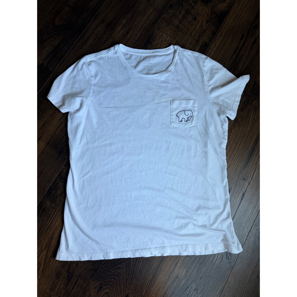 Ivory Ella Outer Banks White Pocket T-Shirt Organic Cotton Elephant Graph L 0078